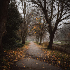 Autumn path winding through misty trees, golden leaves carpeting ground, soft yellow foliage framing peaceful woodland scene with quiet, dreamy atmosphere