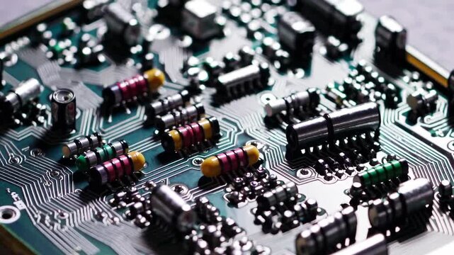 extreme close-up macro graph of electronic circuit board components including resistors, diodes, and capacitors