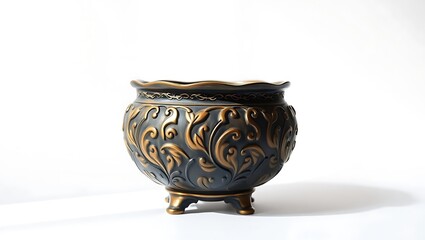 Ornate bronze pot with floral design on white ground