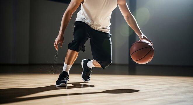 Male basketball athlete dribbling with speed on minimalist indoor court, cinematic youth sports action photography for premium stock image
