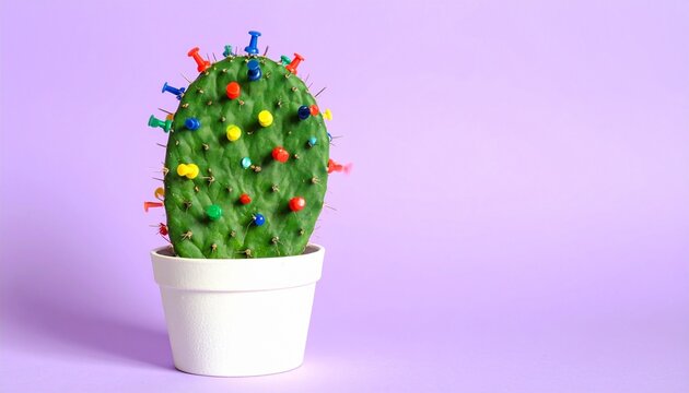 Green cactus in white pot with colorful push pins stuck into its surface, set against solid purple background—evoking surreal humor, tactile tension, and playful visual contradiction.