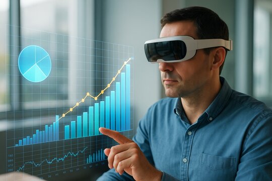 Businessman using futuristic virtual reality headset to analyze digital financial graph and data visualization with light background in office. Ai generative