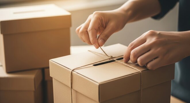 Hands tying twine on cardboard donation box in warm light