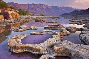 Calm, shallow pools of vibrant purple-pink water reflecting mountains in tranquil desert landscape