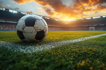 Fototapeta premium A close-up of a soccer ball on the field during sunset in a packed stadium
