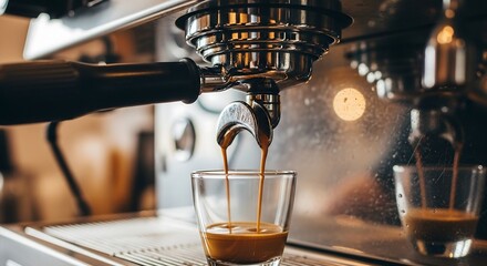 Professional barista pulling perfect espresso shot, close-up coffee photography with golden crema flowing into glass cup, cinematic overhead lighting, stainless steel reflections, and blurred café amb