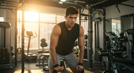 Fitness influencer recording a workout tutorial at the gym, bright lighting