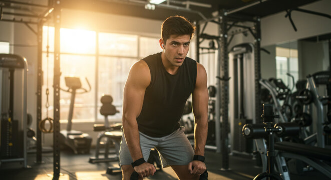 Fitness influencer recording a workout tutorial at the gym, bright lighting - Powered by Adobe