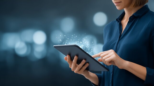 Woman immersed in glowing tablet, exploring digital worlds and technological innovation.