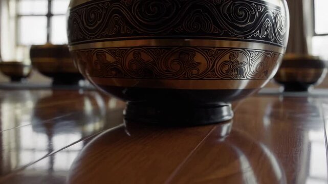 Multiple handcrafted resonant bowls placed on the flooring in mind-body practice session for auditory healing