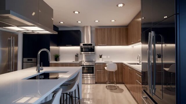 mockup of dark blue painted wall in modern kitchen room showcasing minimalist interior design through 3D rendering