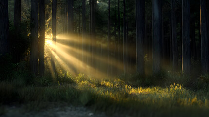 Obraz premium Golden Sunlight Rays Through Forest Trees