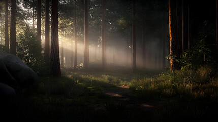 Misty Forest Path With Sunlight