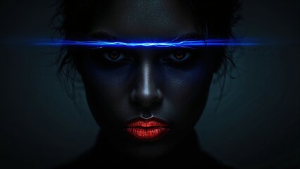 Futuristic woman with electric blue light across eyes, dark makeup, glowing red lips, cyberpunk energy, intense stare, surreal portrait © Milaballe