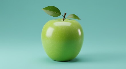 A Crisp Green Apple with Fresh Leaves Against a Light Blue Background Perfect for Healthy Eating and Lifestyle Concepts
