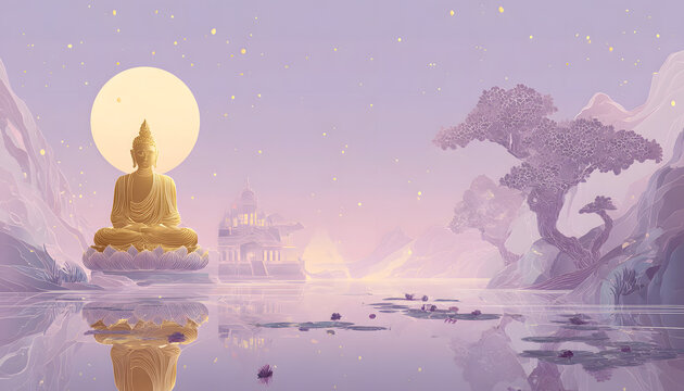 create an illustration of a golden meditative buddhasitting in pure land, withethereal light style and sft lavender tones, positio the subject on the left sde of the image