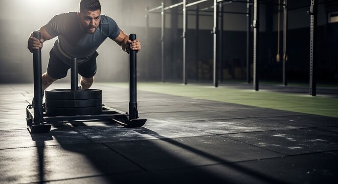 Male competitor pushing weighted sled in gym arena, cinematic gritty strength training photography for premium stock image