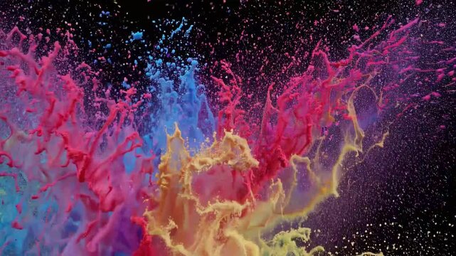 dynamic burst of vibrantly colored fine particulate matter explodes against solid black background