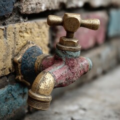 Close-up of a vintage, painted faucet mounted on a brick wall