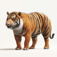 Fototapeta premium A detailed, realistic illustration depicts a majestic tiger standing confidently with a white background. The tiger's orange fur and black stripes are vibrant.