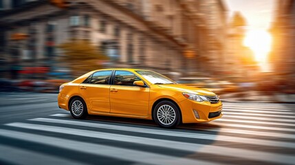 A yellow taxi speeds across a city crosswalk, creating a sense of urban movement and vibrancy in the cityscape.
