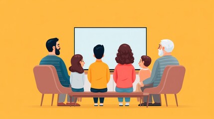 A family, including a grandparent, watches the television together, creating a warm and cozy atmosphere.