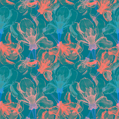 Seamless pattern with abstract watercolor blooming iris flowers. Orange and blue transparent petals of irises. Template for fabric, textile, surfaces, covers. Floral background.