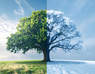Compare two season trees in one picture: summer and winter. The trees have dense leaves in summer and shed few leaves in winter.