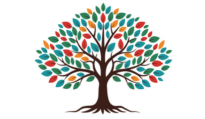 Vibrant multicolored leaves adorning a stylized tree with strong roots symbolizing growth and nature s diverse beauty on a white background