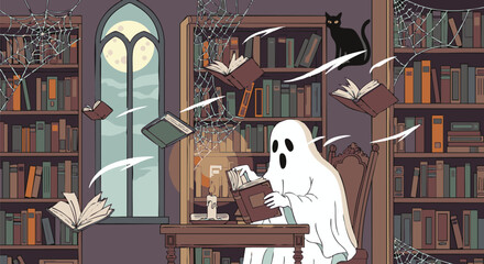 Spooky Ghost Reading in Haunted Library with Flying Books - Halloween Illustration