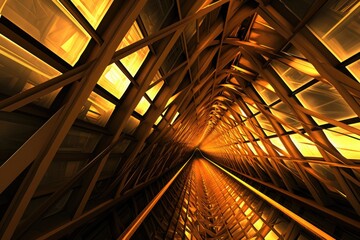 Fototapeta premium Abstract golden futuristic corridor with glowing glass windows and steel beams featuring geometric shapes in a high-tech atmosphere