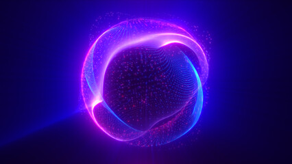 Futuristic glowing orb with bright violet and pink arcs forming a dynamic digital structure over a dark blue background