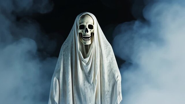 ghost evil skull figure white shroud floating dark background halloween