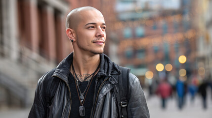 A transgender man with a shaved head, wearing a leather jacket, walking confidently down the street. Lesbian couple friends generation z.