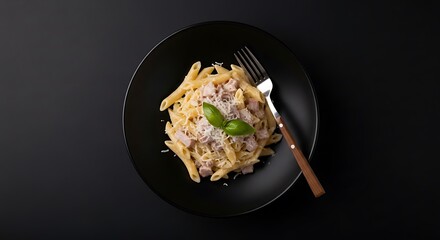 Creamy Pasta with Ham and Basil.
