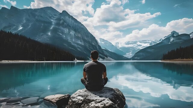 Man finds peace meditating by serene turquoise lake amidst majestic snow-capped mountains