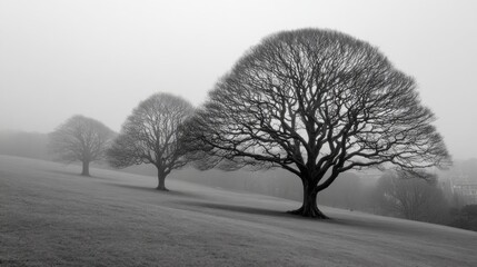 Misty landscape featuring three bare trees on a hillside in black and white during early morning hours