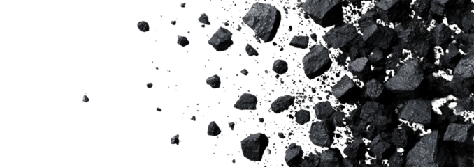 Dark gray rock fragments explode outward against a black background