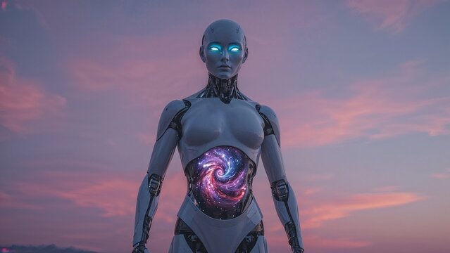 Futuristic humanoid robot with glowing eyes and galaxy core against dreamy sunset sky, scifi artificial intelligence concept