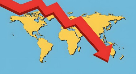 Obraz premium World Map with Red Downward Arrow Illustrating Global Economic Decline