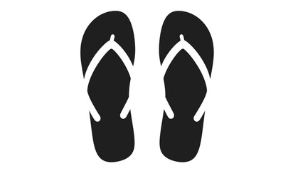 A pair of simple black flip flops with white straps presented in a clean minimalist top down view against a stark white background evoking summer and casual footwear