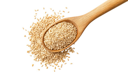 Sesame seeds poured from wooden spoon on transparent background
