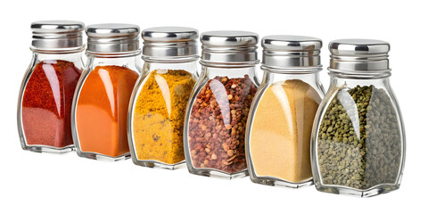 Six Glass Spice Jars with Metal Lids Arranged in a Row Filled with Red Paprika Orange Paprika Yellow Turmeric Red Peppercorns Yellow Mustard Seeds and Green Peppercorns Against