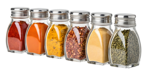 Six Glass Spice Jars with Metal Lids Arranged in a Row Filled with Red Paprika Orange Paprika Yellow Turmeric Red Peppercorns Yellow Mustard Seeds and Green Peppercorns Against