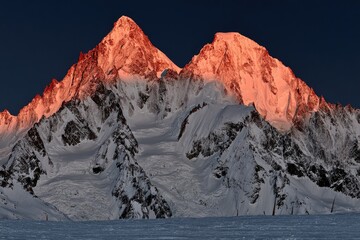 Mountain peaks bathed in sunrise hues, snow-capped