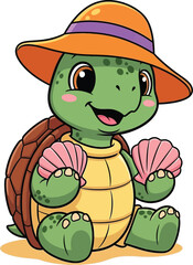 Obraz premium Cute Cartoon Turtle Wearing Summer Hat Holding Seashells for Beach and Holiday Illustration