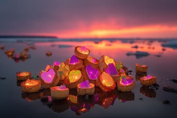 Lit, colorful lanterns piled on a reflective shore at sunset