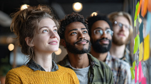 Young business team standing near transparent board, collaborating with optimistic expressions, brainstorming innovative project strategy using colorful sticky notes