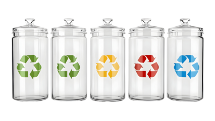 Six Clear Glass Jars with Recycle Symbols Green Red Yellow Blue and a Second Green Recycle Symbol on Each Jar Arranged in a Row Against a Black Background