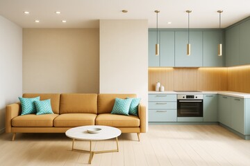 Fototapeta premium Modern pastel kitchen and living room interior with yellow sofa, light wood flooring, and minimal decor in contemporary open space concept.
